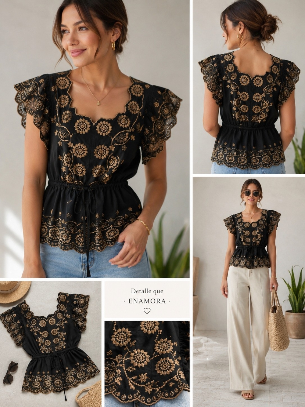 Democracy Black Top with Gold Embroidered Lace